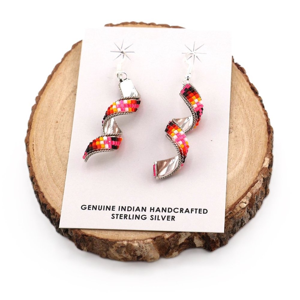 Authentic Native American Spiral Beaded‎ Dangle Earrings Handcrafted Jewelry**